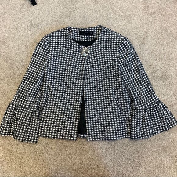 𝅺ZARA tweed plaid check black white bell sleeve jacket Sz M - Picture 10 of 15